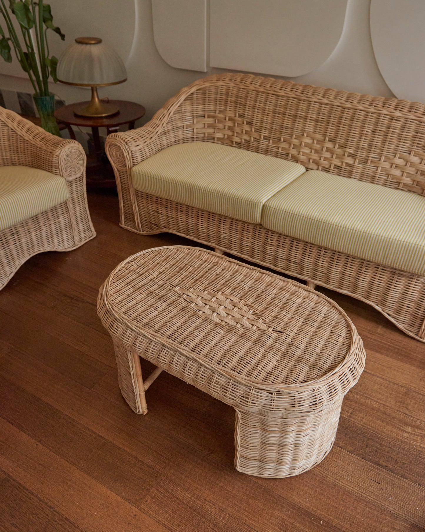 WOVEN CANE SETTING w. PIERRE FREY LINEN UPHOLSTERY