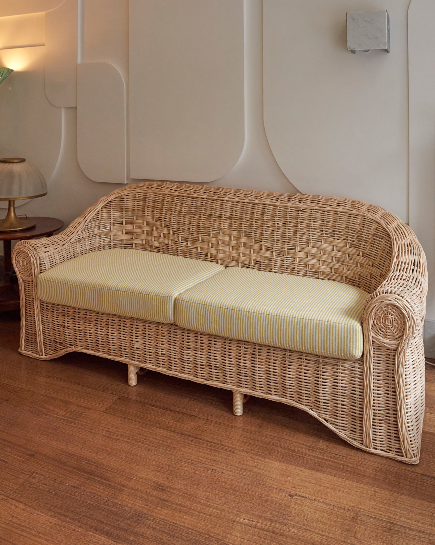 WOVEN CANE SETTING w. PIERRE FREY LINEN UPHOLSTERY