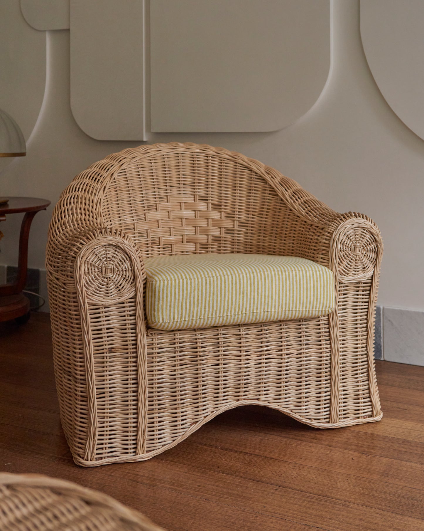 WOVEN CANE SETTING w. PIERRE FREY LINEN UPHOLSTERY