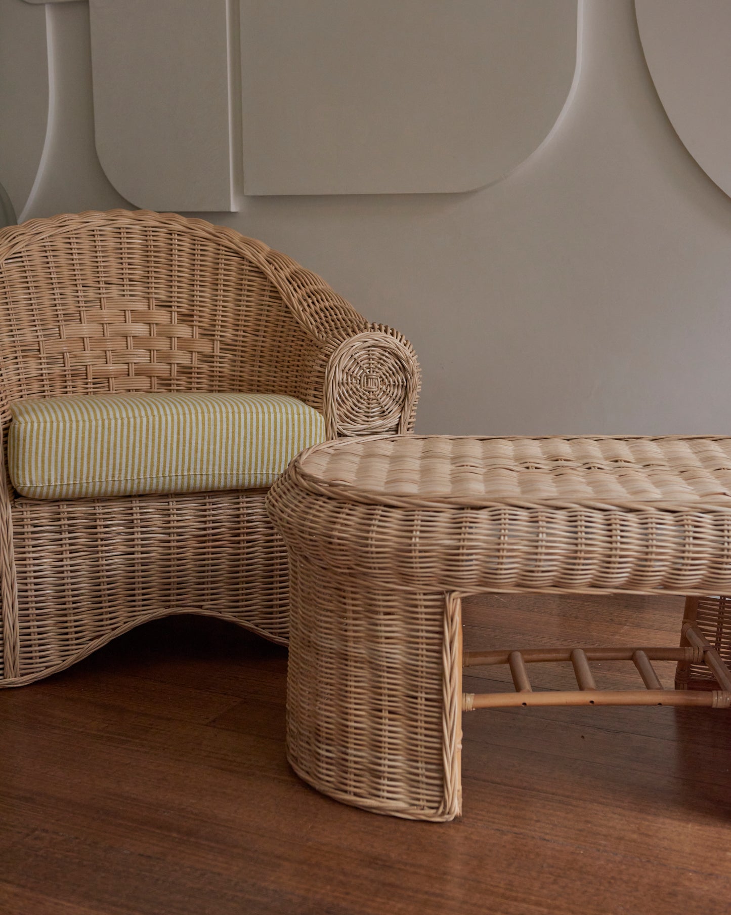 WOVEN CANE SETTING w. PIERRE FREY LINEN UPHOLSTERY