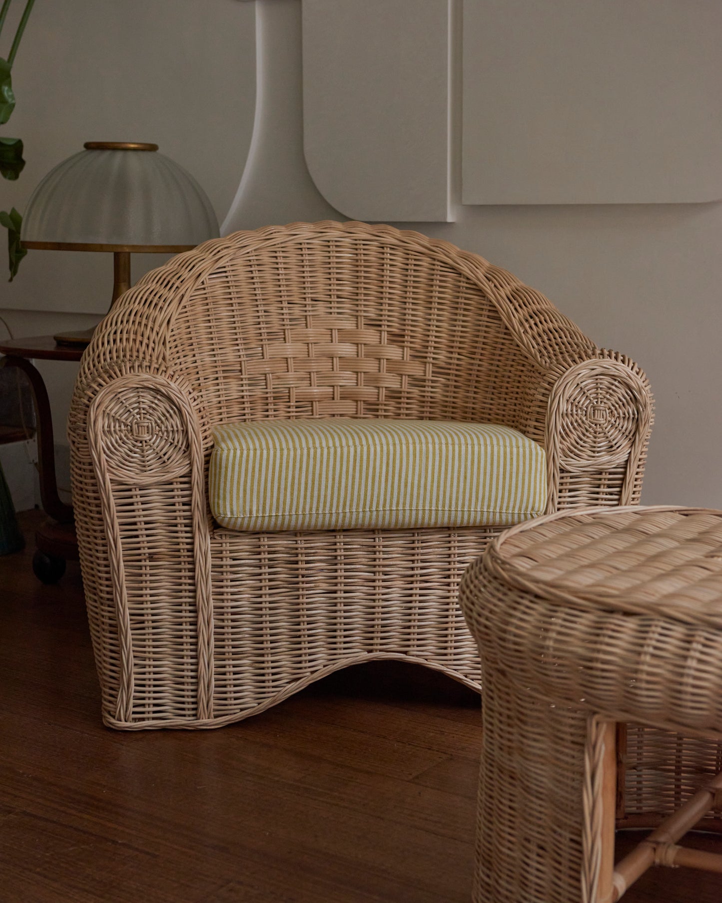 WOVEN CANE SETTING w. PIERRE FREY LINEN UPHOLSTERY