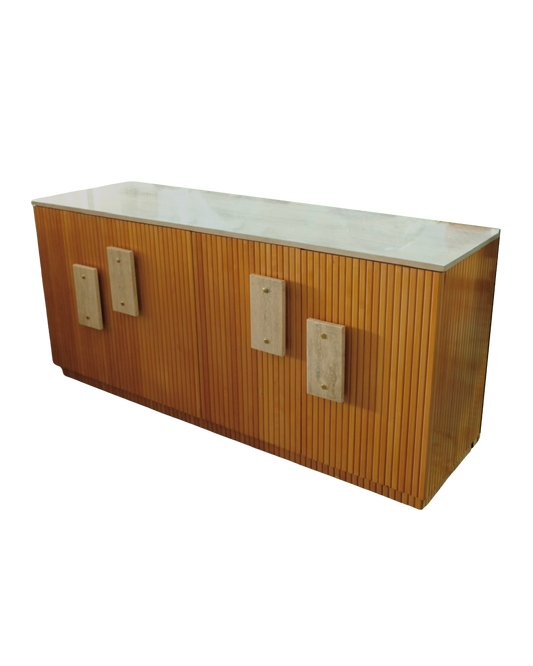 PAIR OF TRAVERTINE & LINED OAK MEMPHIS CONSOLES