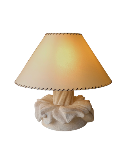 SCULPTURAL STONE TABLE LAMP w. WHIPSTICH PARCHMENT SHADE