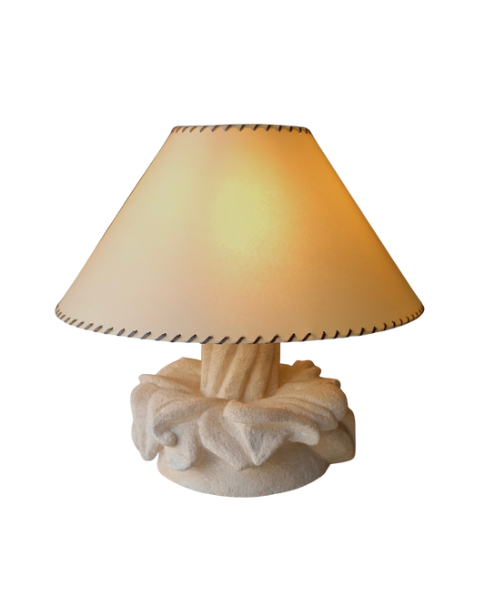 SCULPTURAL STONE TABLE LAMP w. WHIPSTICH PARCHMENT SHADE
