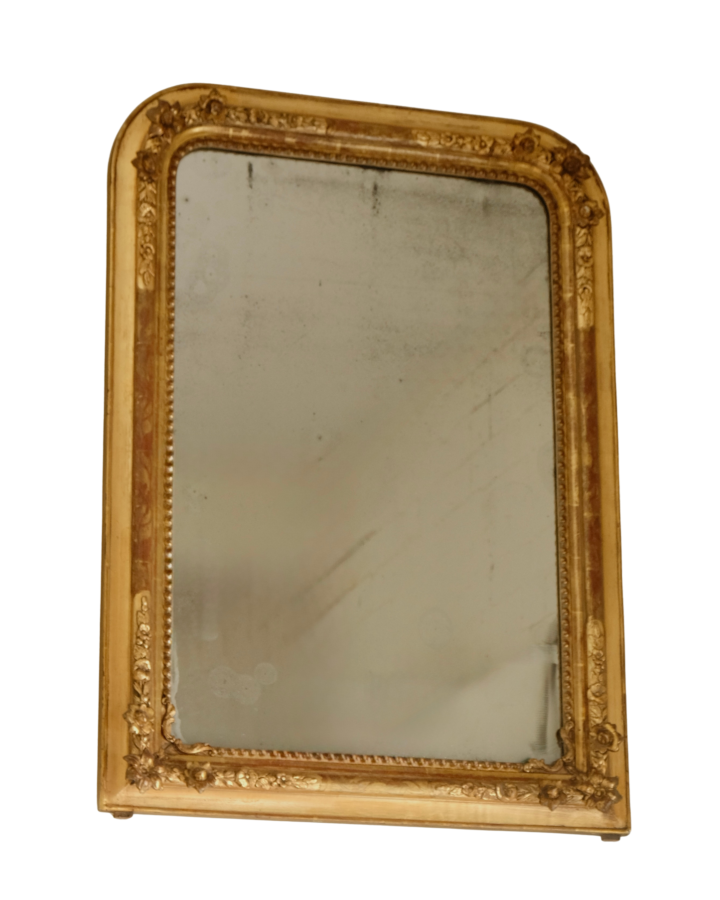 FRENCH GILT WOOD MIRROR w. FLORAL DETAIL
