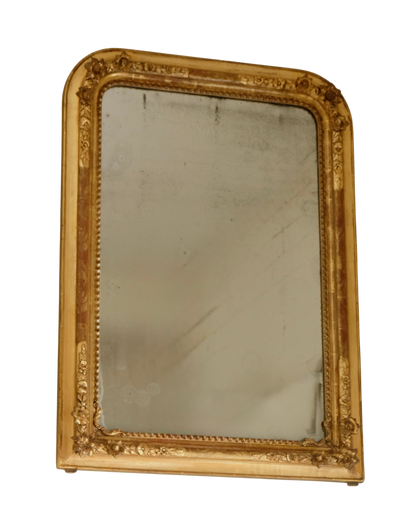 FRENCH GILT WOOD MIRROR w. FLORAL DETAIL