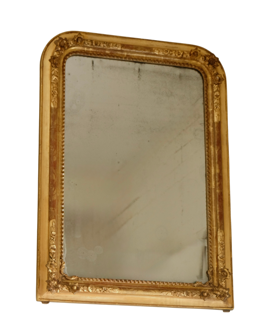 FRENCH GILT WOOD MIRROR w. FLORAL DETAIL