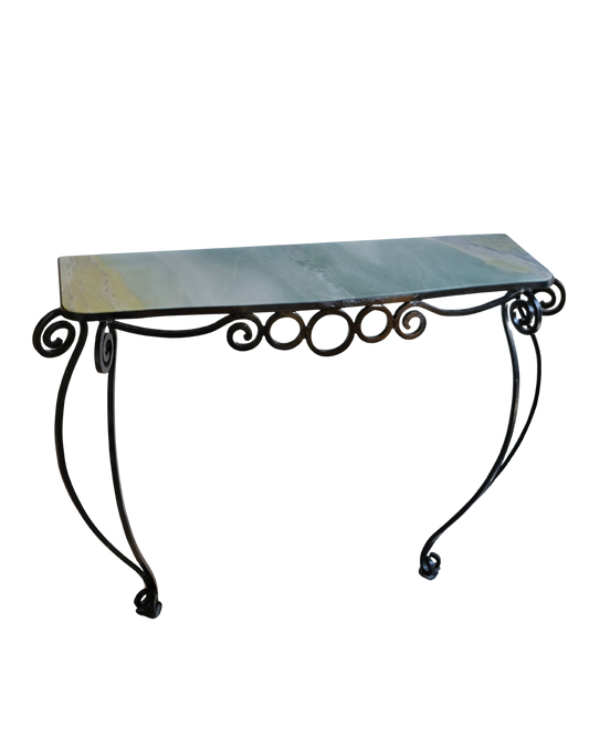 MARBLE HALL TABLE w. IRON CIRCLE BASE