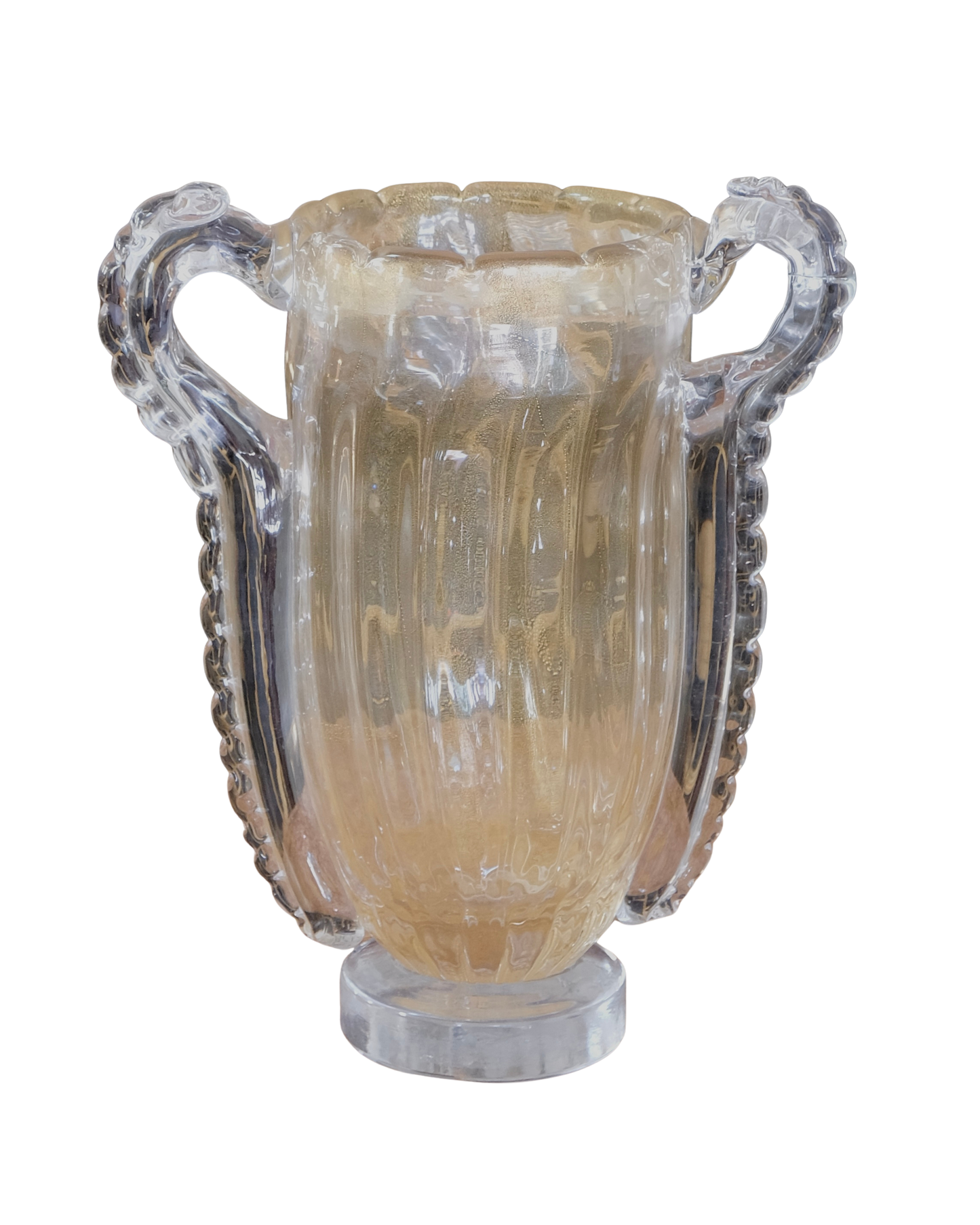 LINED AMBER WASH MURANO VASE w. SCALLOPED HANDLES