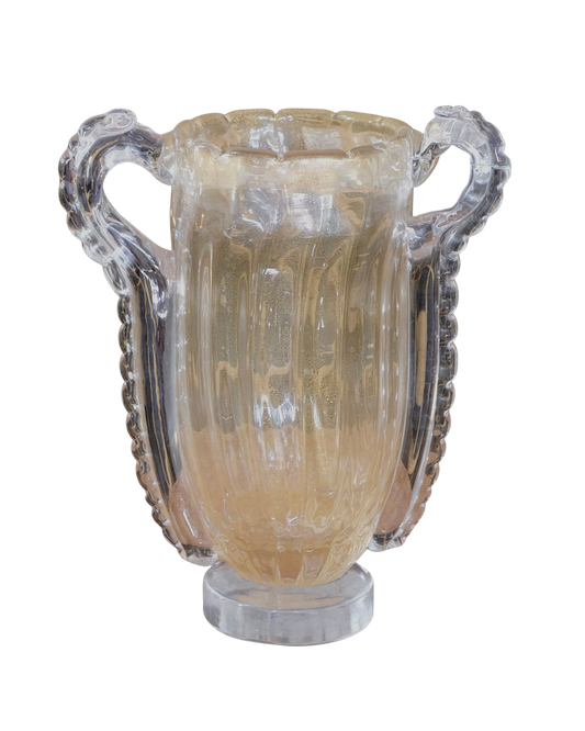 LINED AMBER WASH MURANO VASE w. SCALLOPED HANDLES
