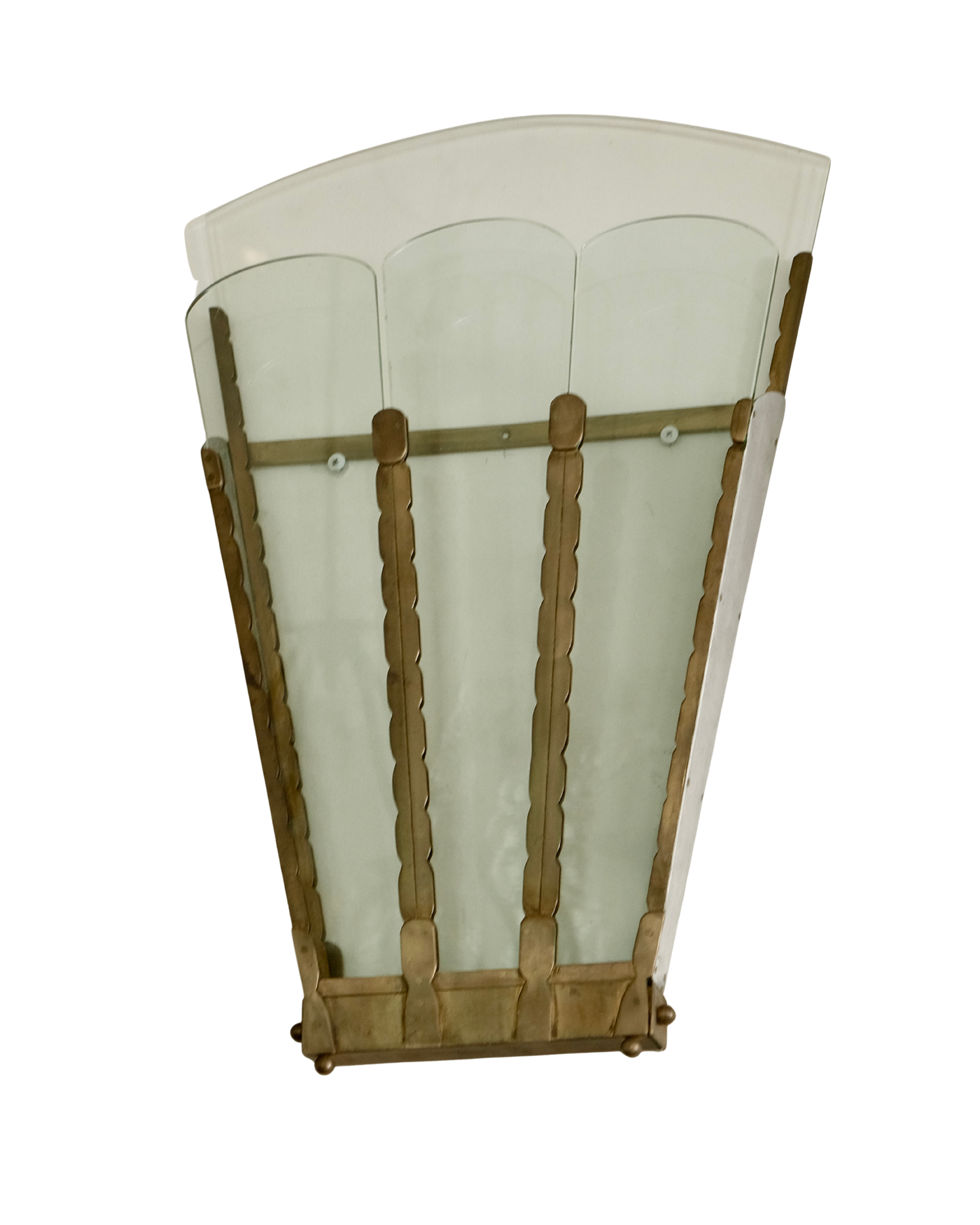 GLASS PANELLED SCALLOPED BRASS WALL VASE