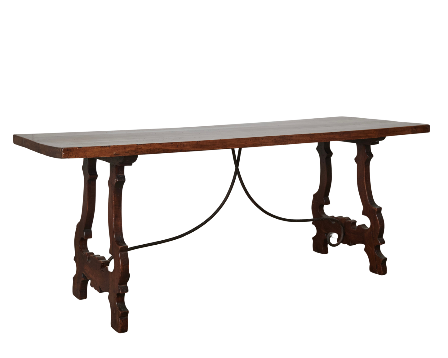 SPANISH WALNUT DINING TABLE w. WROUGHT IRON STRETCHER