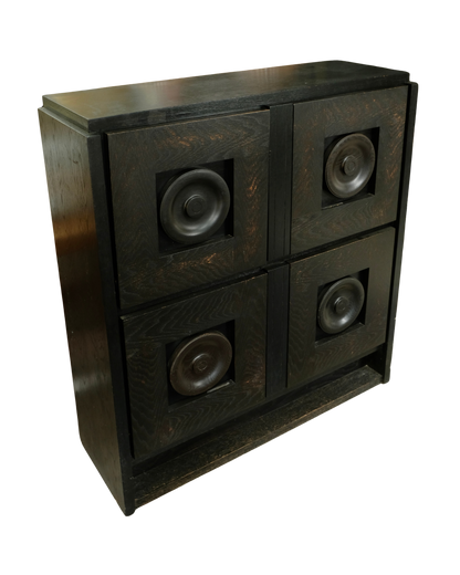 BRUTALIST EBONIZED OAK CONSOLE w. CIRCLE DETAIL