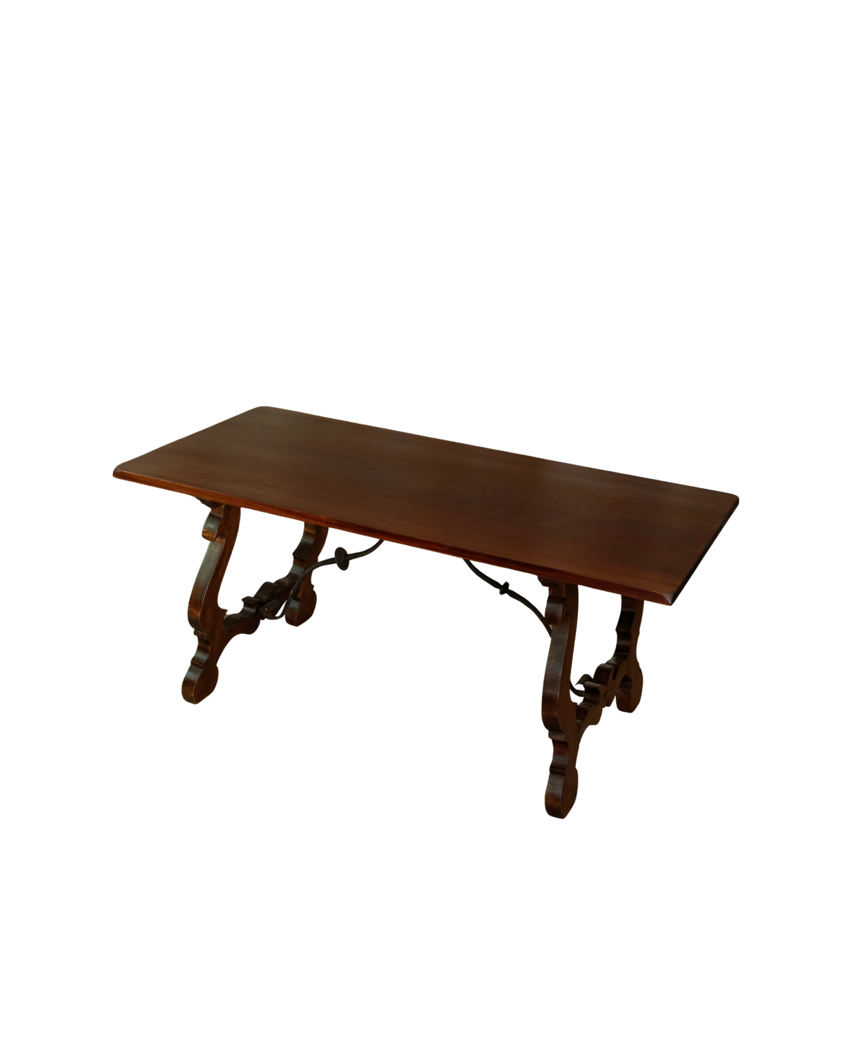 HAND CARVED SPANISH TABLE w. CROSSED WROUGHT IRON BRACE