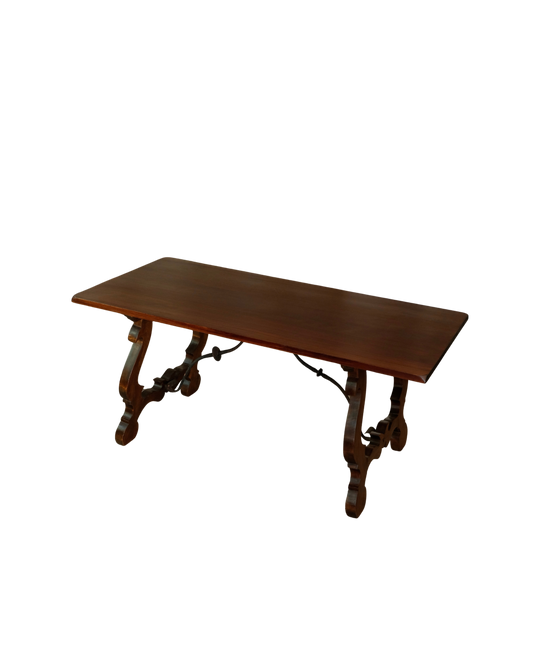 HAND CARVED SPANISH TABLE w. CROSSED WROUGHT IRON BRACE