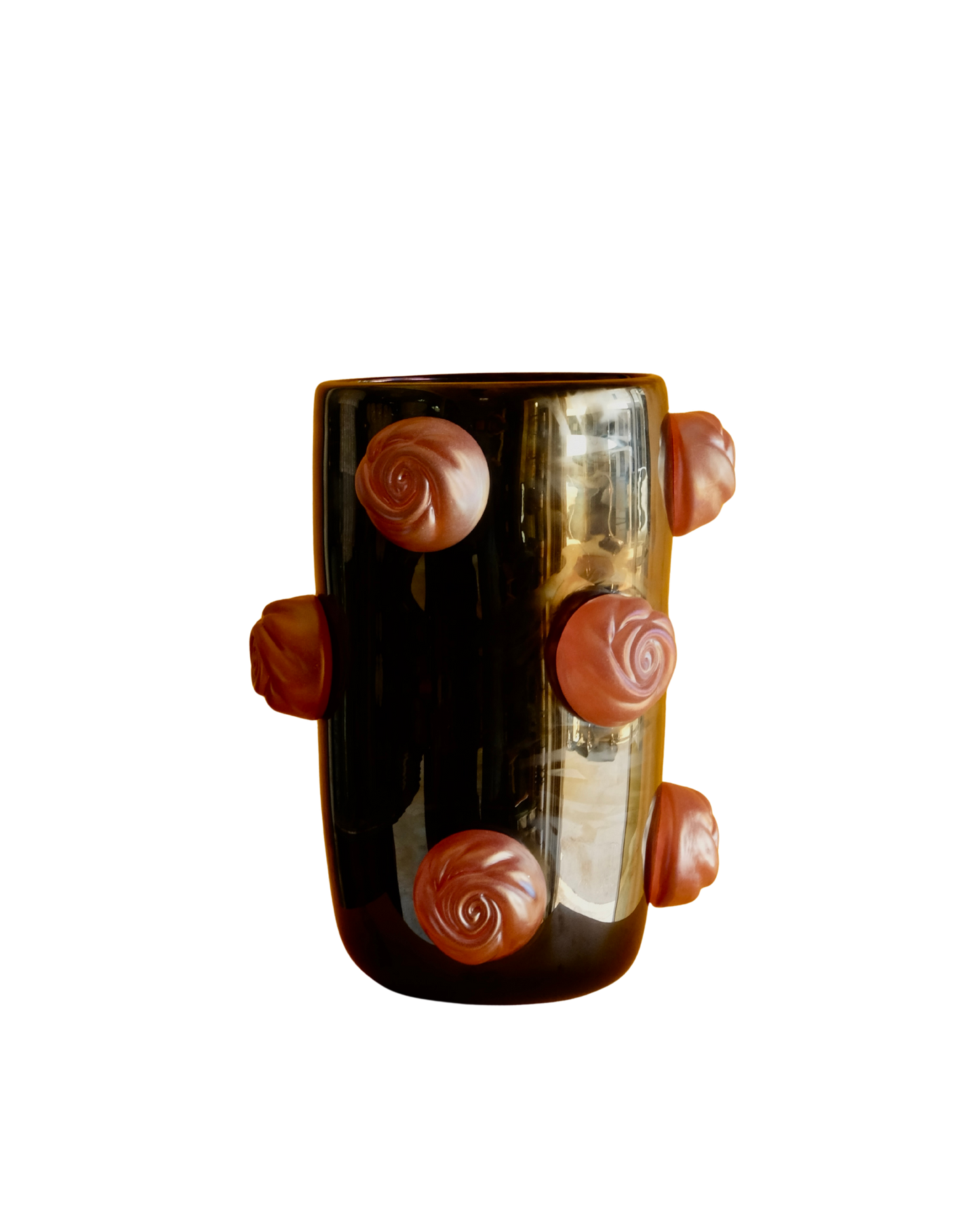 DARK IRIDESCENT MURANO VASE w. APPLIED PINK SWIRLS