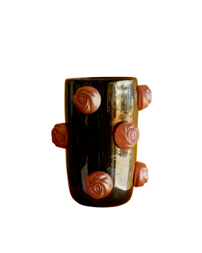 DARK IRIDESCENT MURANO VASE w. APPLIED PINK SWIRLS