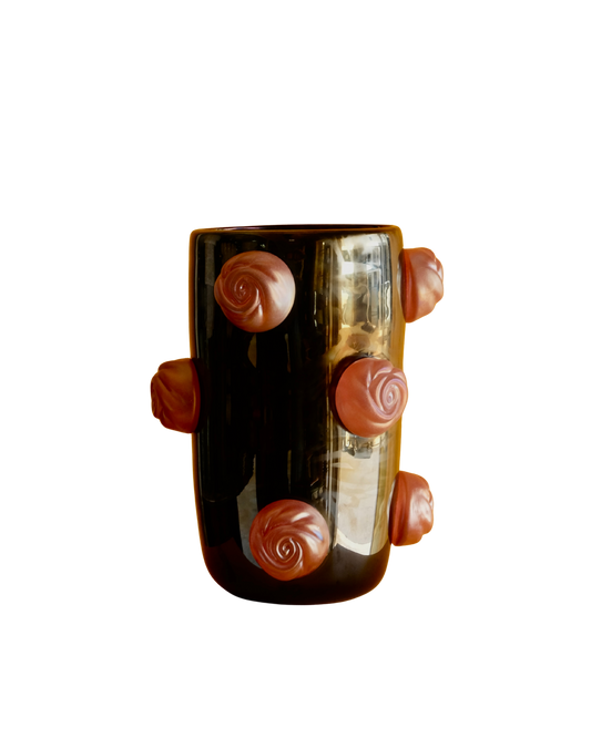 DARK IRIDESCENT MURANO VASE w. APPLIED PINK SWIRLS
