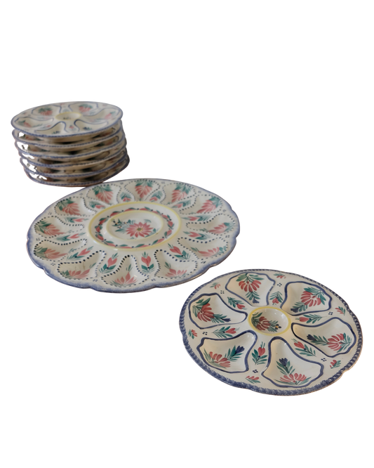 SET OF TWELVE FRENCH FLORAL OYSTER PLATES w. CENTRE FEATURE