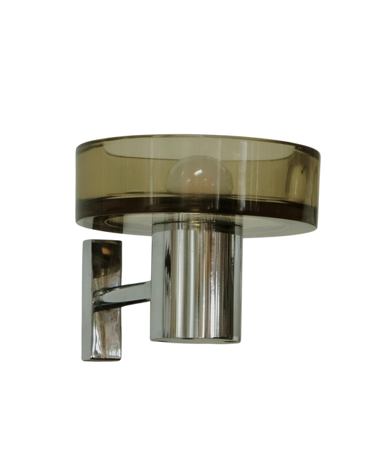 PAIR OF SEGUSO AMBER GLASS & CHROME WALL SCONCES