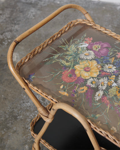 MID-CENTURY FLORAL HAND PAINTED GLASS & RATTAN BAR CART