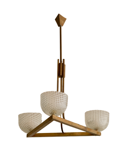 TRIANGULAR BRASS MURANO GLASS TRIO LIGHT PENDANT