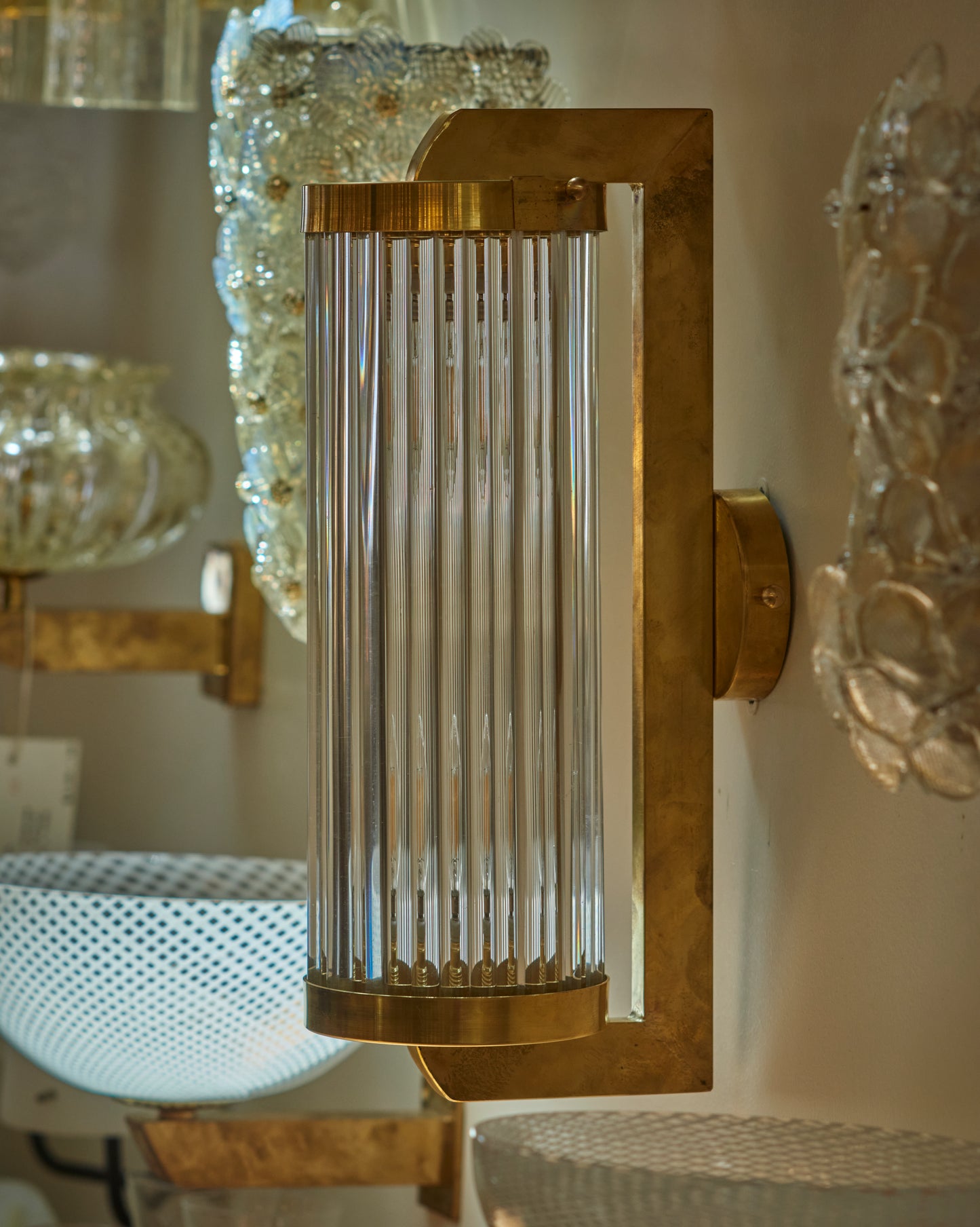 GLASS STEM WALL LIGHT w. BRASS FRAME