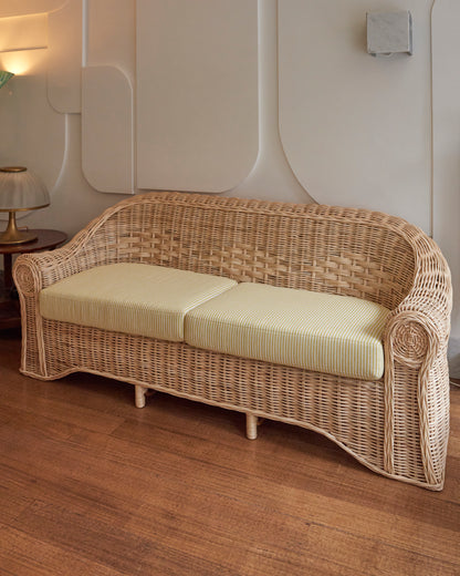 WOVEN CANE SETTING w. PIERRE FREY LINEN UPHOLSTERY