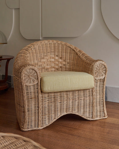 WOVEN CANE SETTING w. PIERRE FREY LINEN UPHOLSTERY
