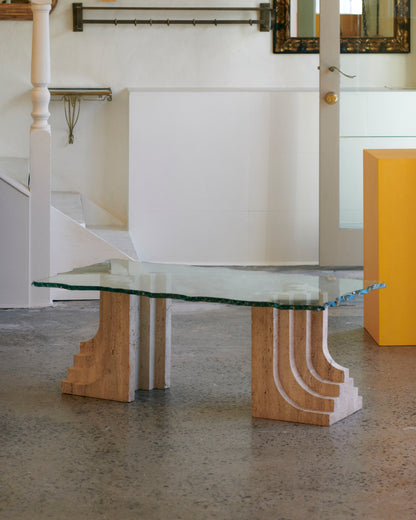 TRAVERTINE COLUMN COFFEE TABLE w. HAND CARVED GLASS TOP