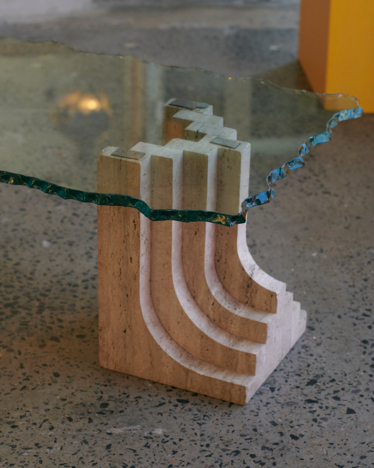 TRAVERTINE COLUMN COFFEE TABLE w. HAND CARVED GLASS TOP