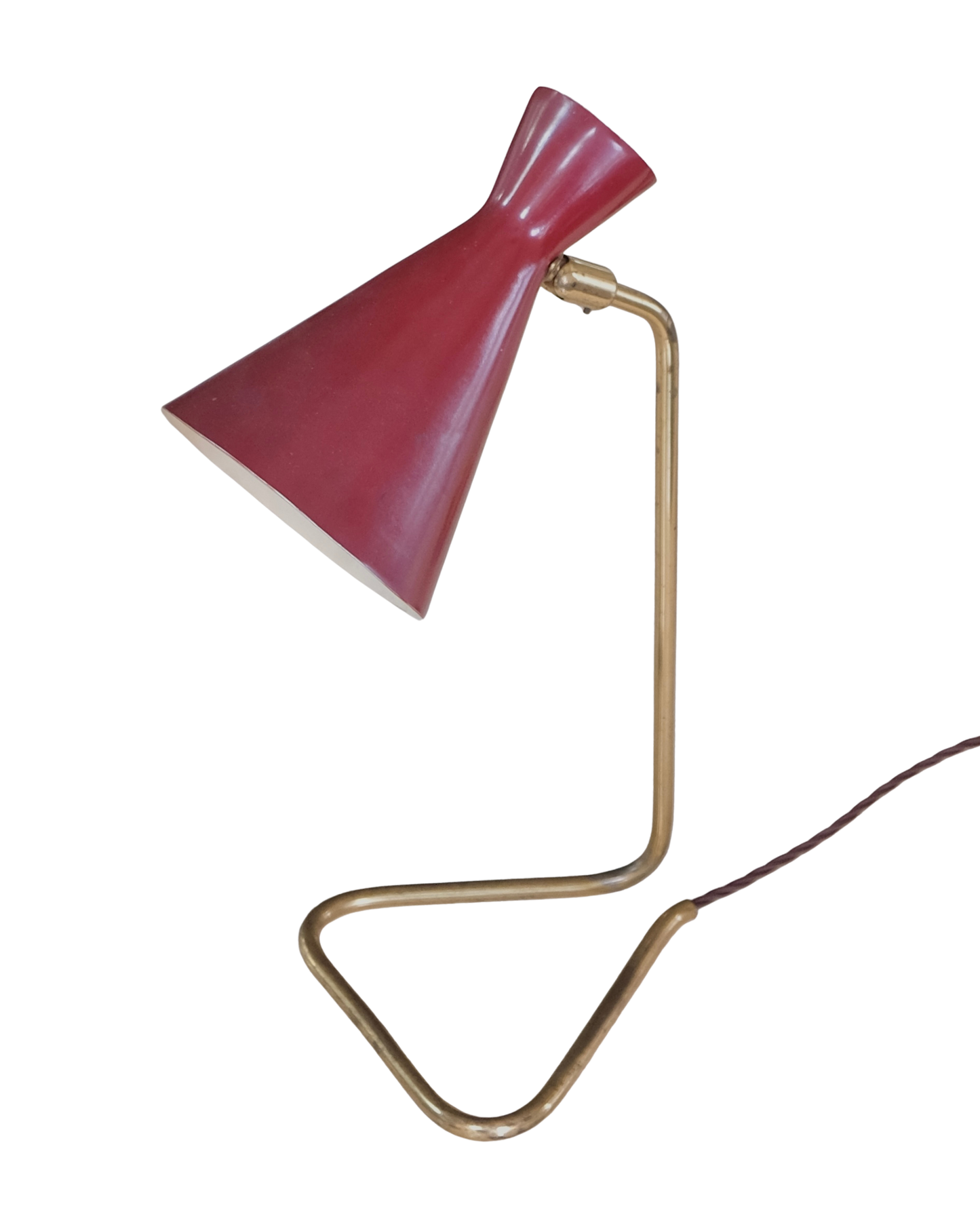 MODERNIST RED TABLE LAMP w. CURVED BRASS BASE