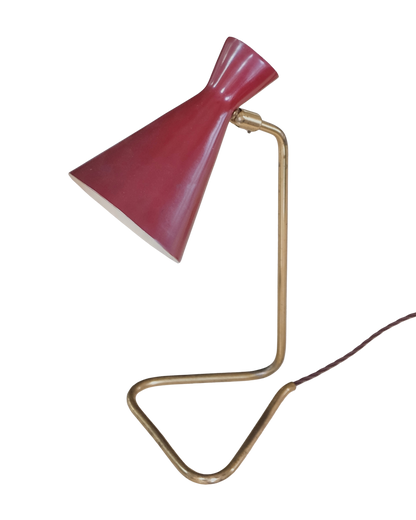 MODERNIST RED TABLE LAMP w. CURVED BRASS BASE