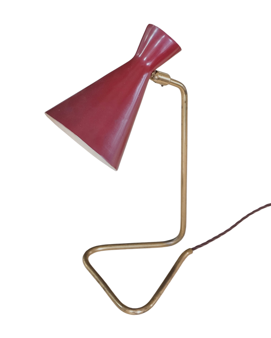 MODERNIST RED TABLE LAMP w. CURVED BRASS BASE