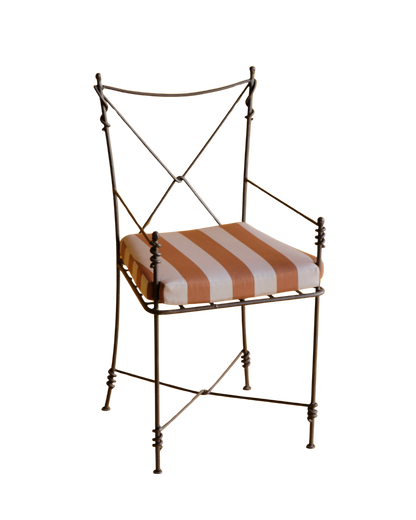 SET OF FOUR WROUGHT IRON GARDEN CHAIRS w. STRIPED CUSHION