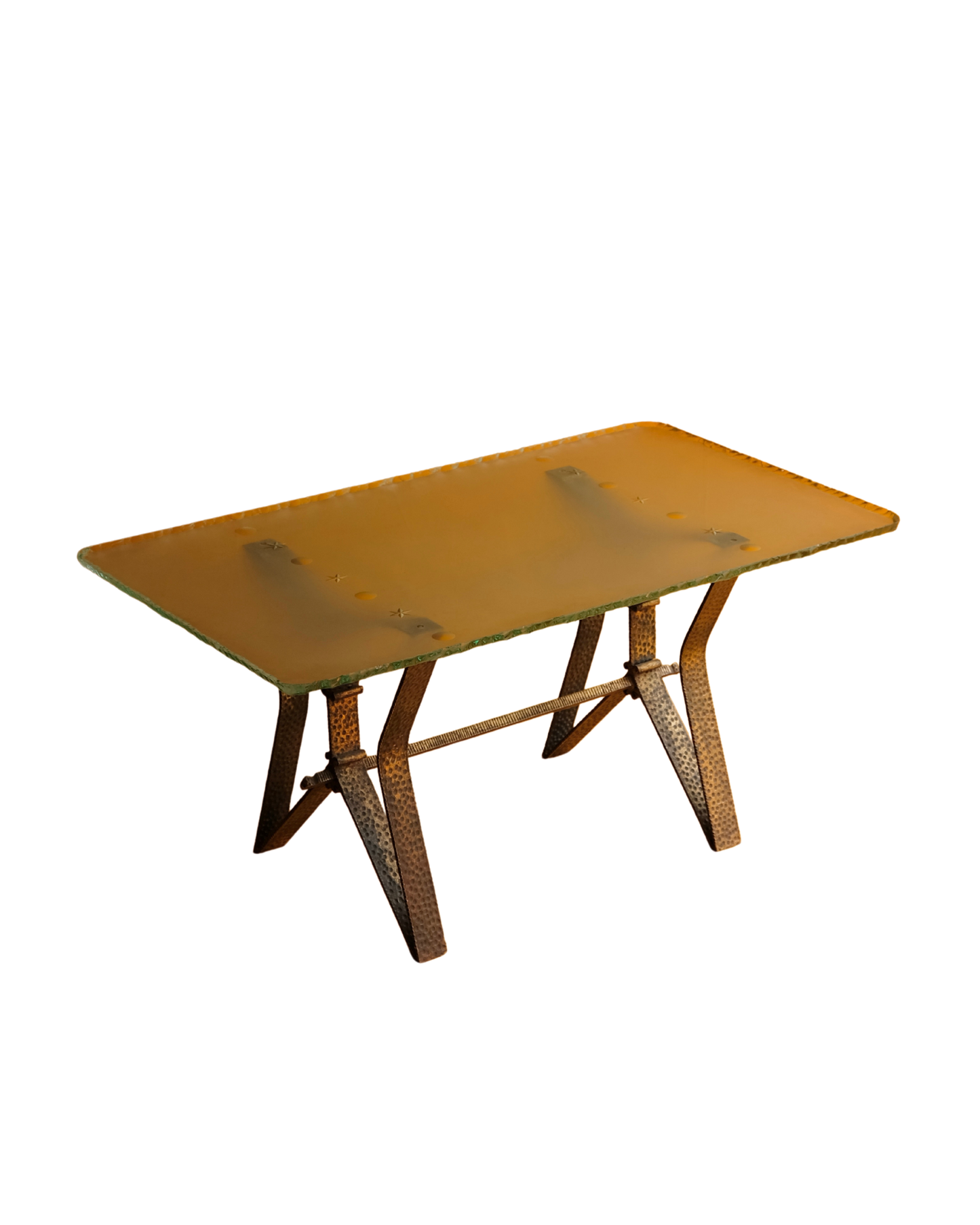 BRASS BASE COFFEE TABLE w. CARVED EDGED GLASS