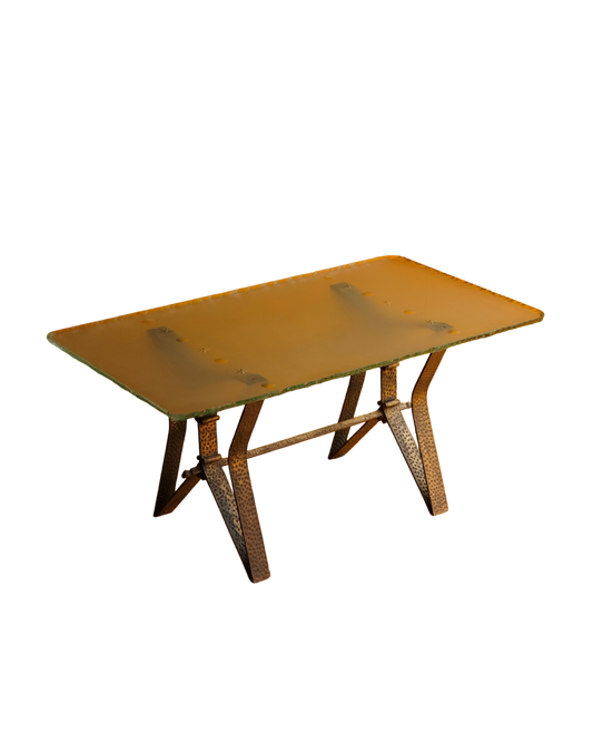 BRASS BASE COFFEE TABLE w. CARVED EDGED GLASS