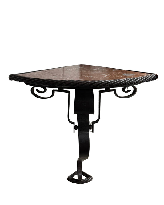 WROUGHT IRON SCROLL CORNER CONSOLE w. MARBLE TOP