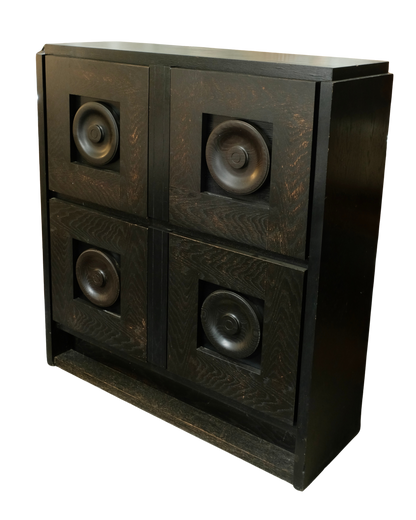 BRUTALIST EBONIZED OAK CONSOLE w. CIRCLE DETAIL