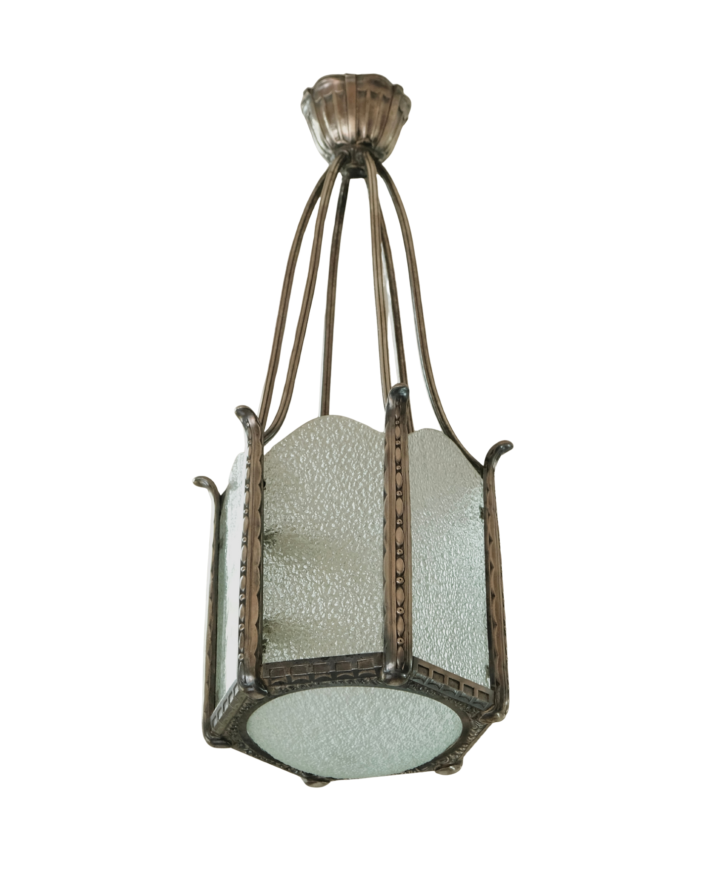 ART DECO TEXTED GLASS DOME LANTERN w. FERN DETAIL