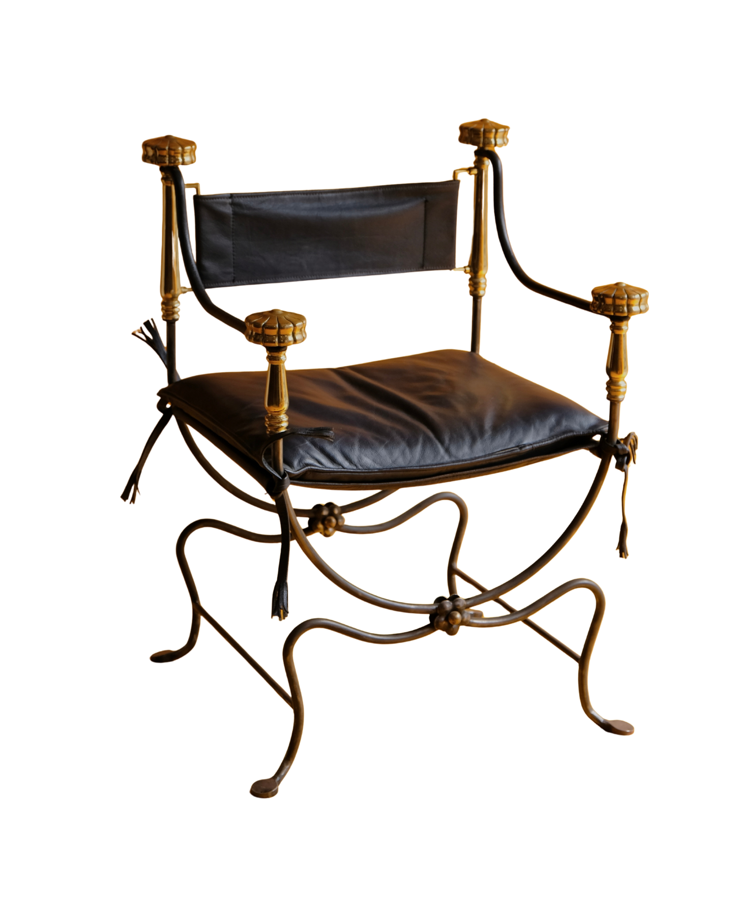 PAIR OF IRON CURULE CHAIRS w. FLORAL DETAIL