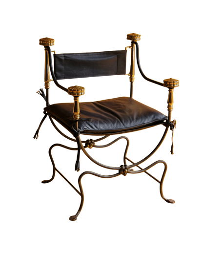 PAIR OF IRON CURULE CHAIRS w. FLORAL DETAIL