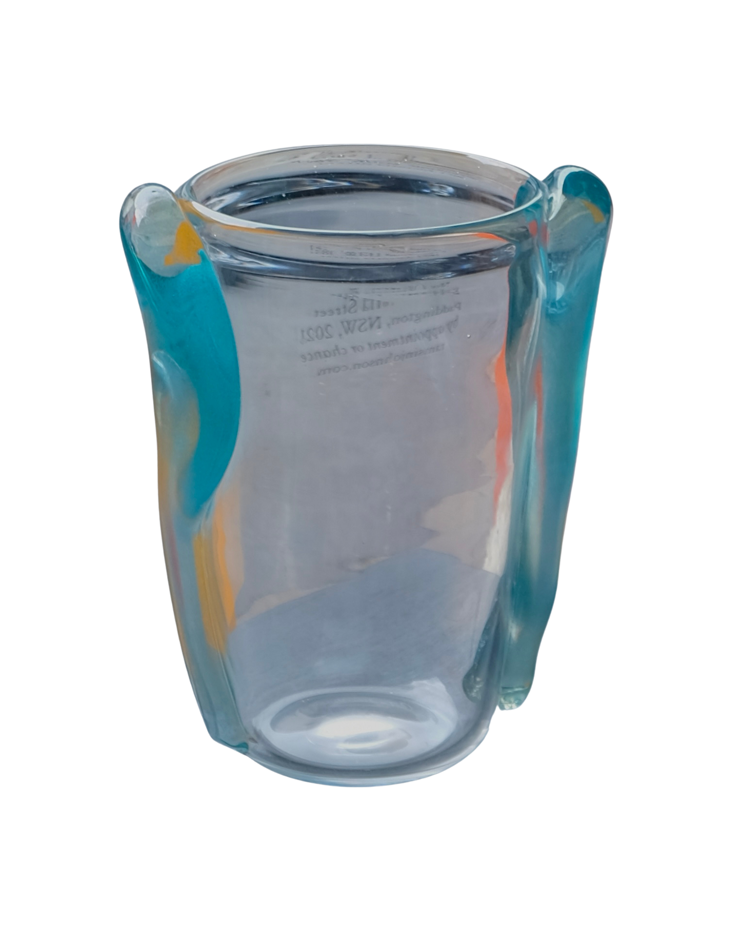 CLEAR MURANO VASE w. BLUE APPLIED SWIRLS