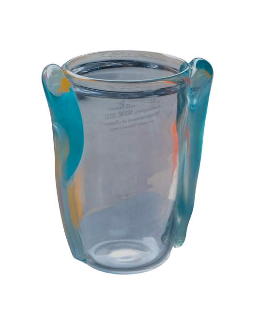 CLEAR MURANO VASE w. BLUE APPLIED SWIRLS