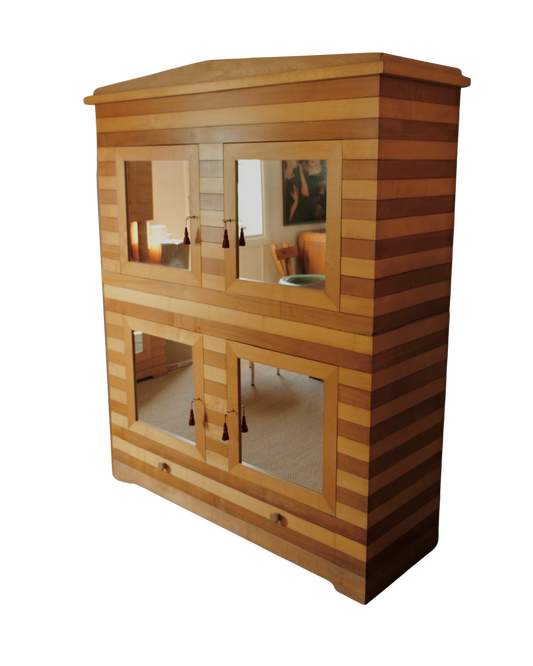 TWO TONE SLATED PINE CONSOLE w. MIRRORED STORAGE