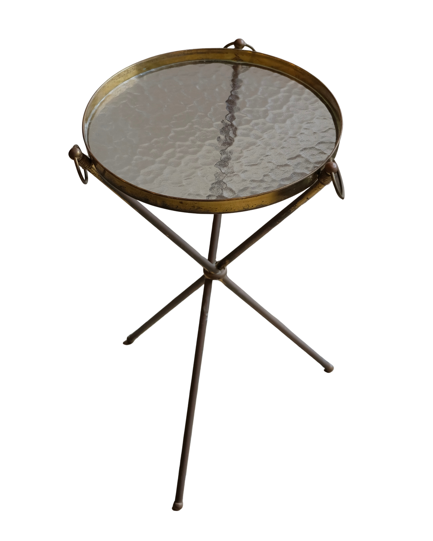 BRASS TRI LEGGED SIDE TABLE w. HANDLES