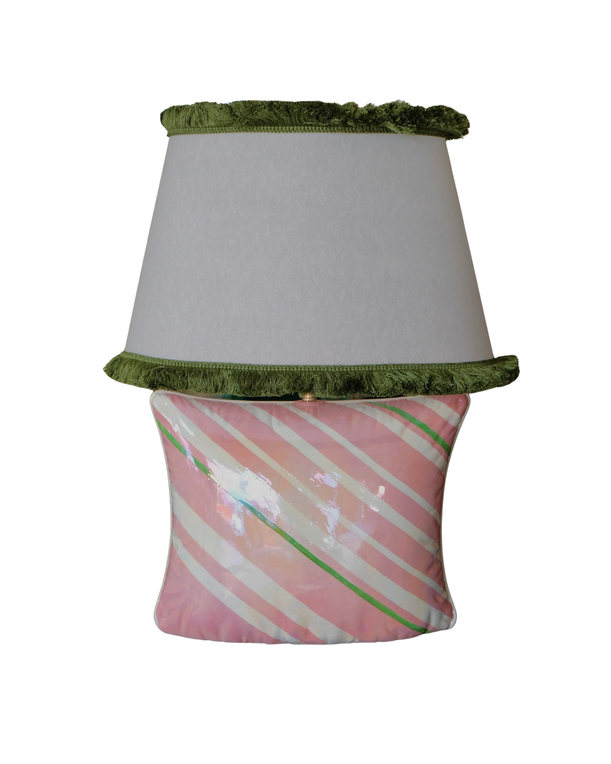 CERAMIC ITALIAN CUSHION LAMP w. FRINGED TRIM SHADE