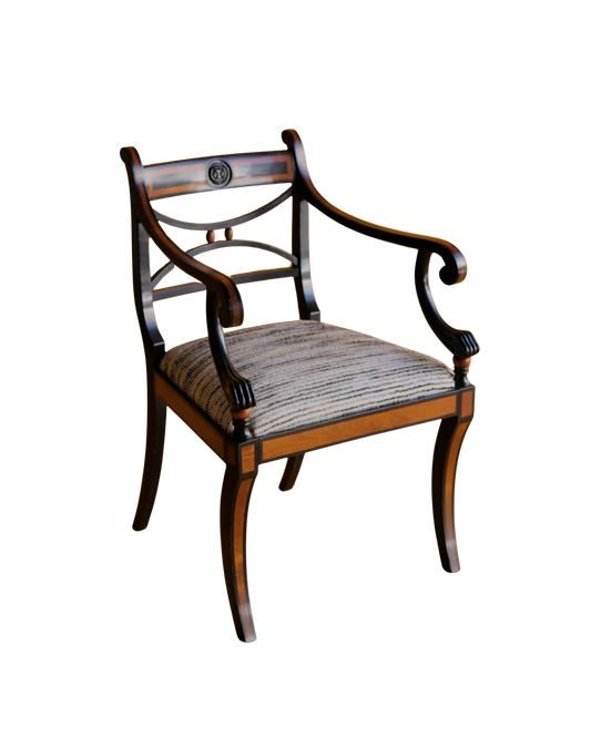 SET OF SIX EBONIZED REGENCY CHAIRS w. COLOR FIELD UPHOLSTERY