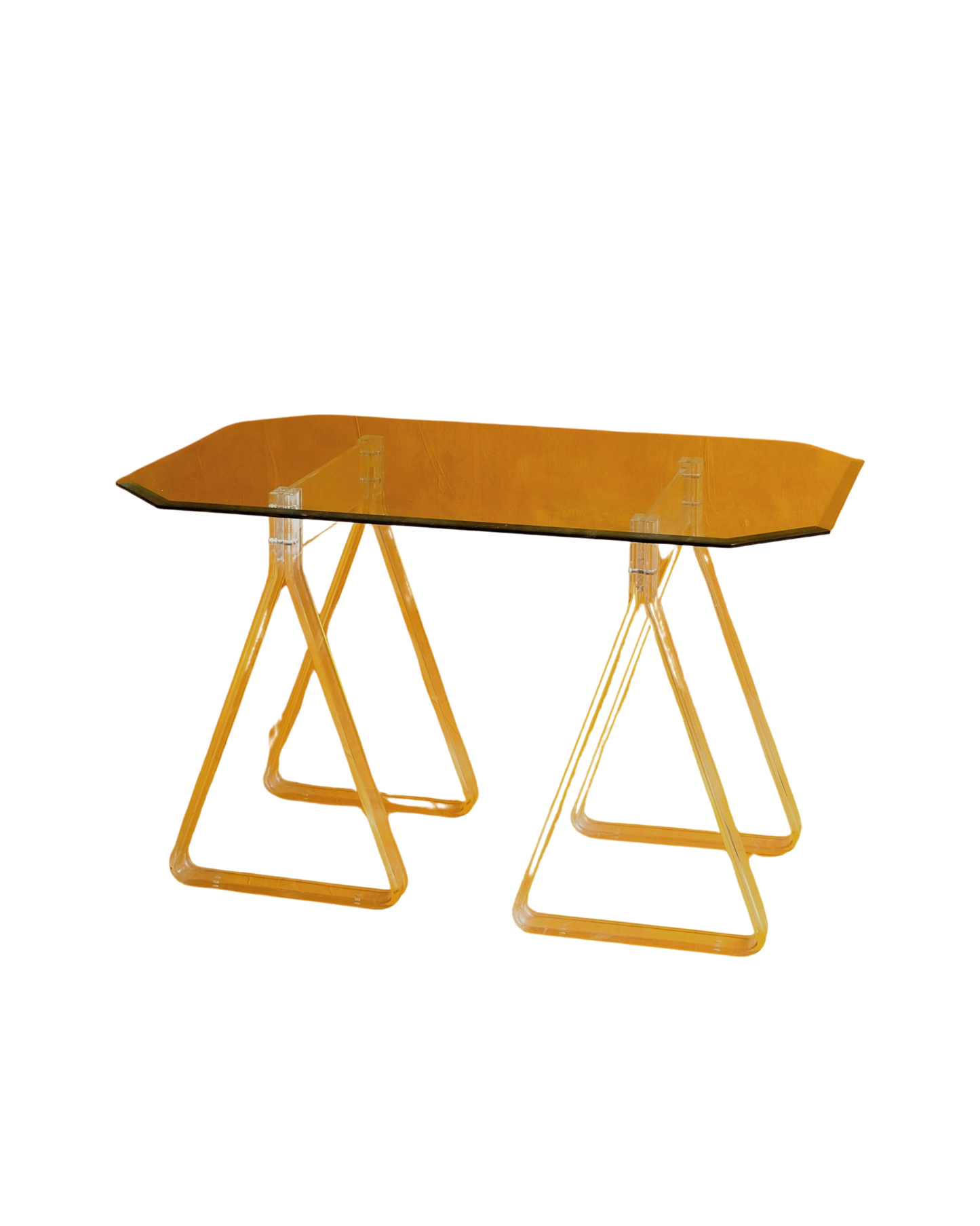 BEVELLED GLASS TRESTLE TABLE w. PLEXIGLASS BASE