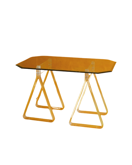 BEVELLED GLASS TRESTLE TABLE w. PLEXIGLASS BASE